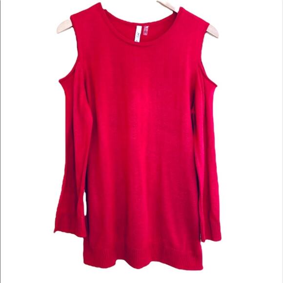 New York Collection pullover sweater crew rib knit open shoulder red large - Picture 1 of 5